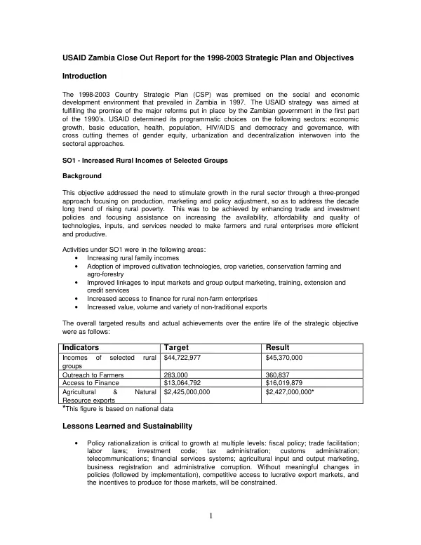 USAID Zambia close out report for the 1998-2003 strategic plan and objectives