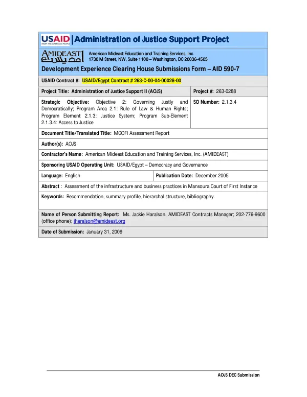 Mansoura court of first instance initial assessment report and recommendations