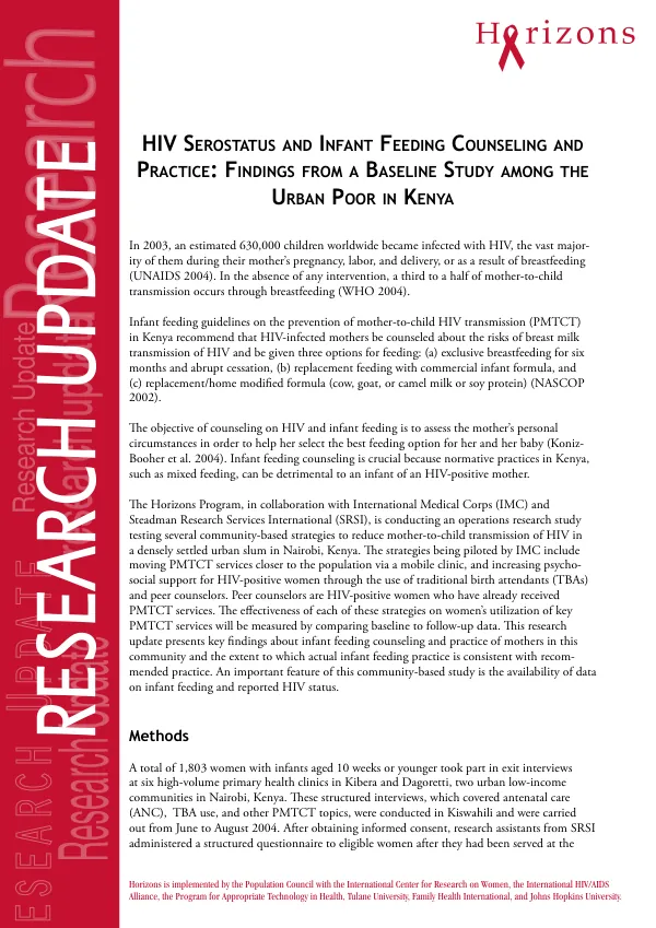 HIV serostatus and infant feeding counseling and practice : findings from a baseline study among the urban poor in Kenya