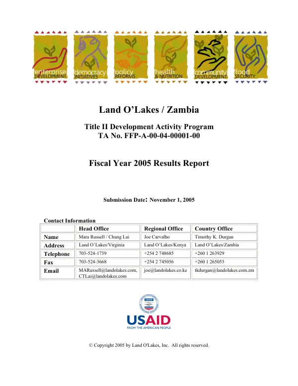 Land O"Lakes/Zambia : Title II development activity program -- TA no. FFP-A-00-04-00001-00 : fiscal year 2005 results report