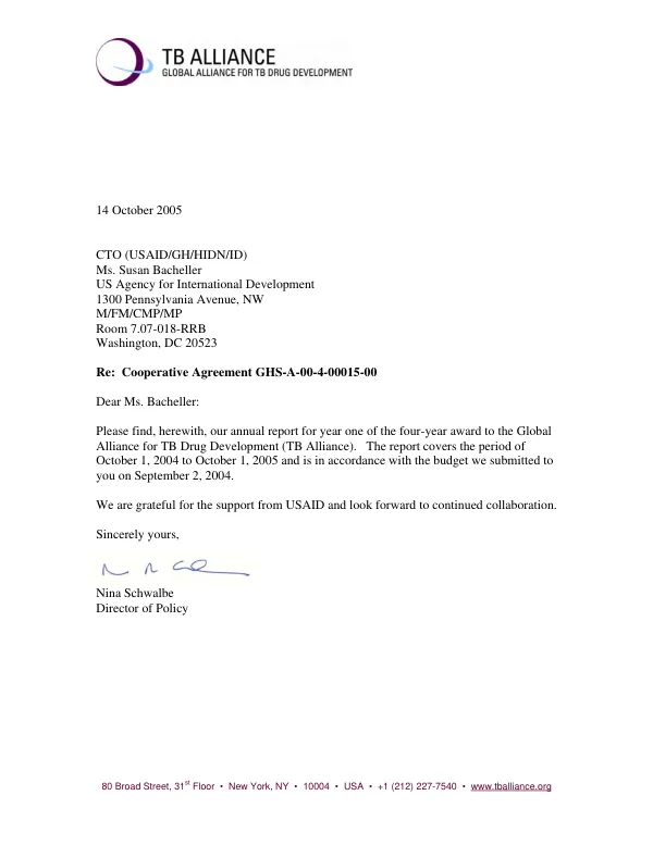 Annual report : Global Alliance for TB Drug Development -- October 1, 2004-October 1, 2005