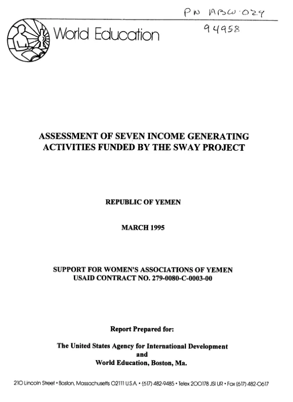 Assessment of seven income generating activities funded by the SWAY [Support for Women's Associations of Yemen] : Republic of Yemen