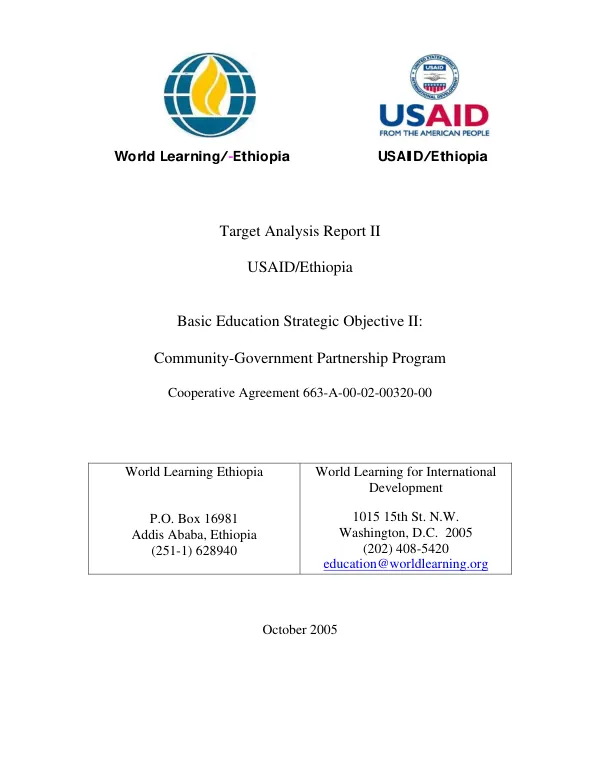 Target analysis report II : USAID/Ethiopia -- basic education strategic objective II : community-government partnership program -- cooperative agreement 663-A-00-02-00320-00