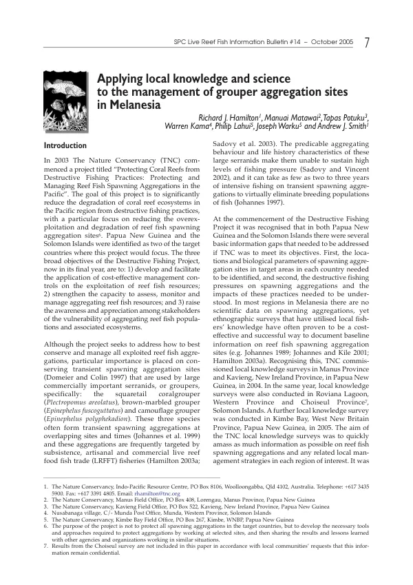Applying local knowledge and science to the management of grouper aggregation sites in Melanesia