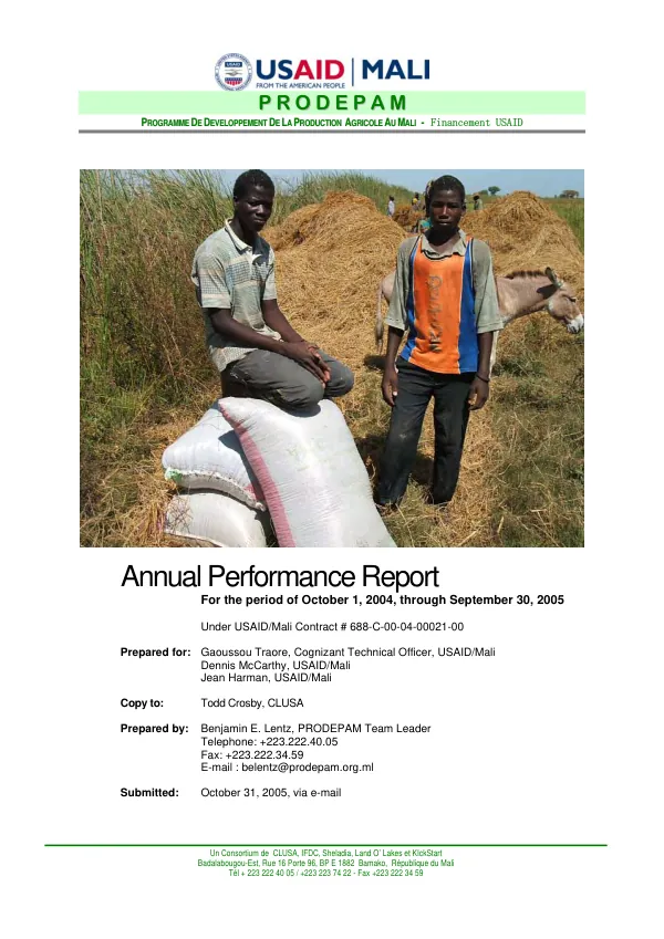 PRODEPAM, Programme de developpement de la production agricole au Mali annual performance report for the period of October 1, 2004, through September 30, 2005 under USAID/Mali contract # 688-C-00-04-00021-00