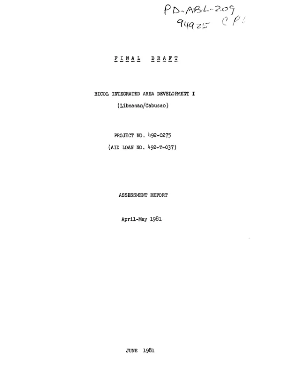 Final draft : Bicol integrated area development I (Libmanan/Cabusao) -- assessment report