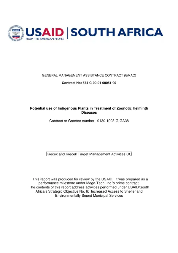Potential use of indigenous plants in treatment of zoonotic helminth diseases [: final report]