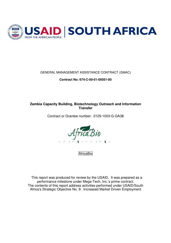 Zambia capacity building, biotechnology outreach and information transfer [: final report]