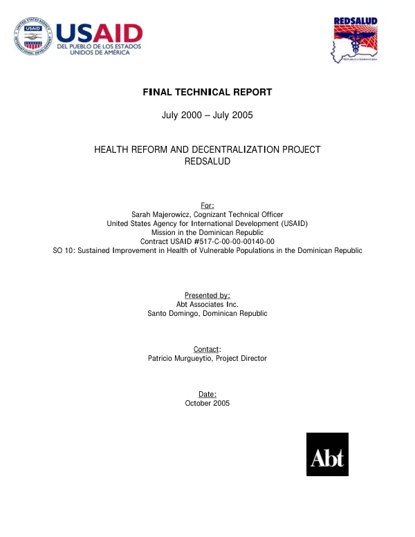 Final technical report, July 2000-July 2005 : health reform and decentralization project, REDSALUD