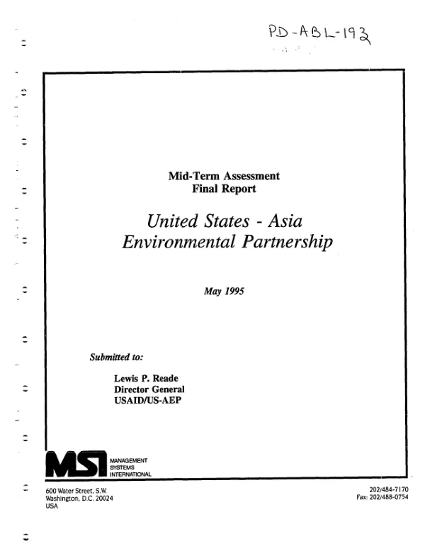 Mid-term assessment final report : United States - Asia Environmental Partnership
