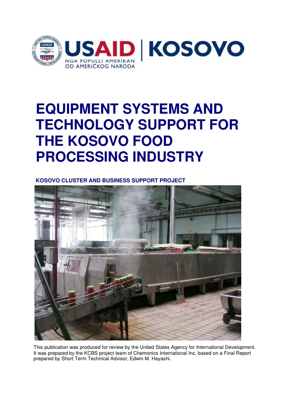 Equipment systems and technology support for the Kosovo food processing industry