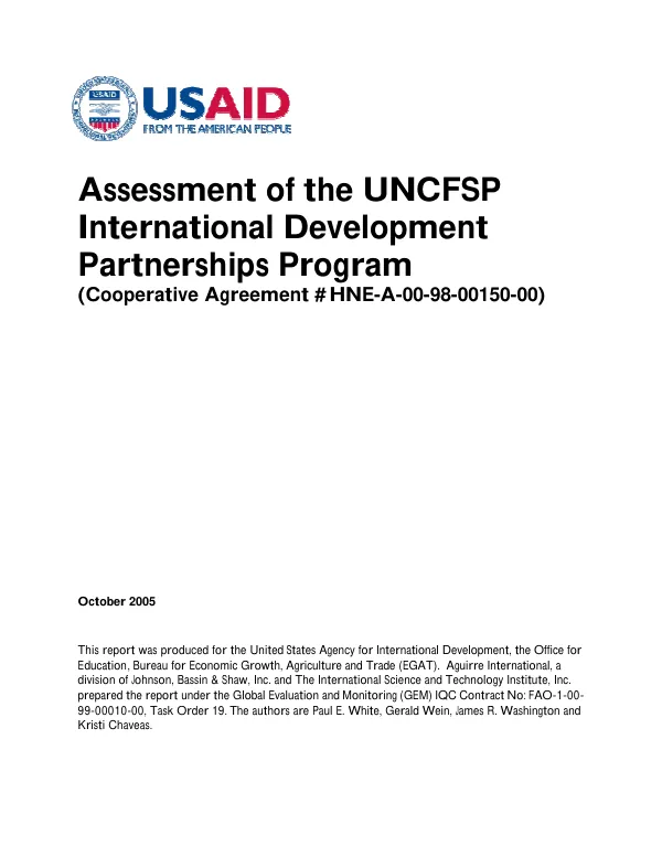 Assessment of the UNCFSP international development partnerships program (cooperative agreement #HNE-A-00-98-00150-00)
