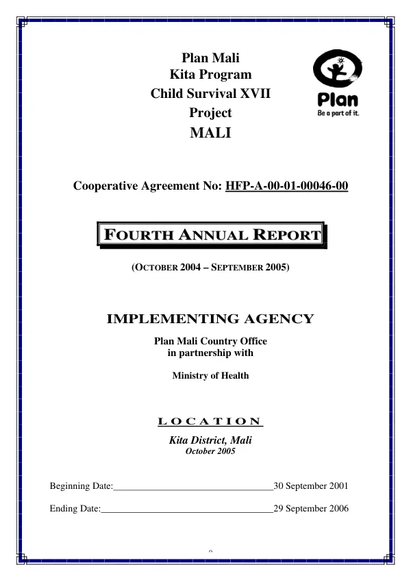 Plan Mali : Kita program -- child survival XVII project : Mali -- cooperative agreement no. HFP-A-00-01-00046-00 : fourth annual report (October 2004-September 2005)