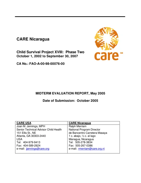 CARE Nicaragua child survival project : phase two midterm evaluation report, May-August 2005