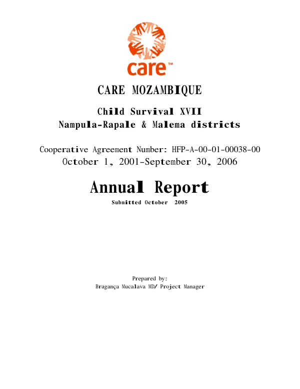 Child survival XVII Nampula-Rapale & Malema districts : cooperative agreement no. HFP-A-00-01-00038-00 -- annual report [2004]