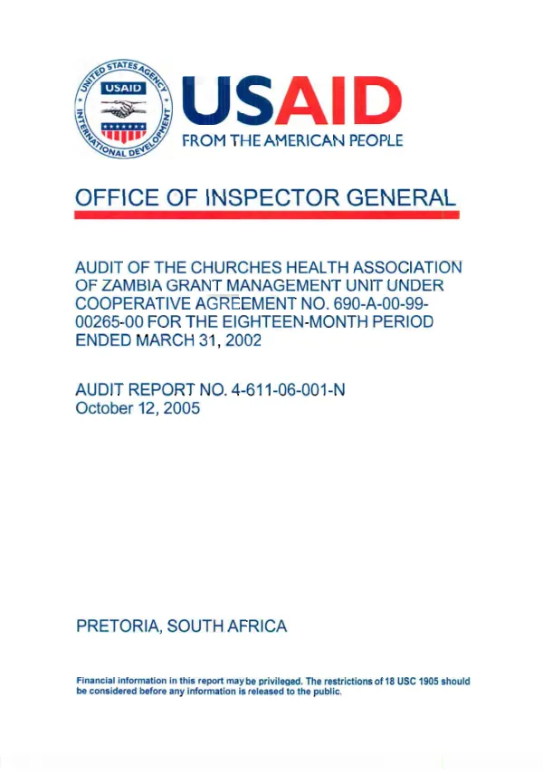 Audit of the Churches Health Association of Zambia grant management unit under cooperative agreement no. 690-A-00-99-00265-00 for the eighteen-month period ended March 31, 2002