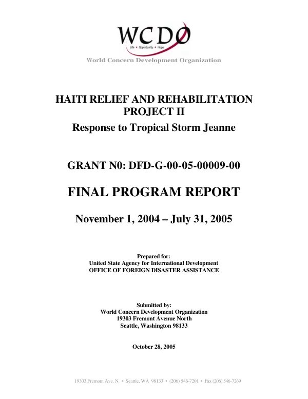 Haiti relief and rehabilitation project II : response to Tropical Storm Jeanne -- grant no. DFD-G-00-05-00009-00 : final program report, November 1, 2004-July 31, 2005