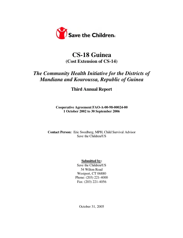 CS-18 Guinea (cost extension of CS-14) : the community health initiative for the Districts of Mandiana and Kouroussa, Republic of Guinea -- third annual report : cooperative agreement FAO-A-00-98-00024-00