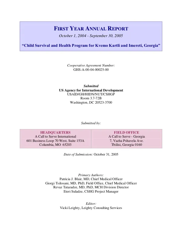 First year annual report, October 1, 2004-September 30, 2005 : "child survival and health program for Kvemo Kartli and Imereti, Georgia"