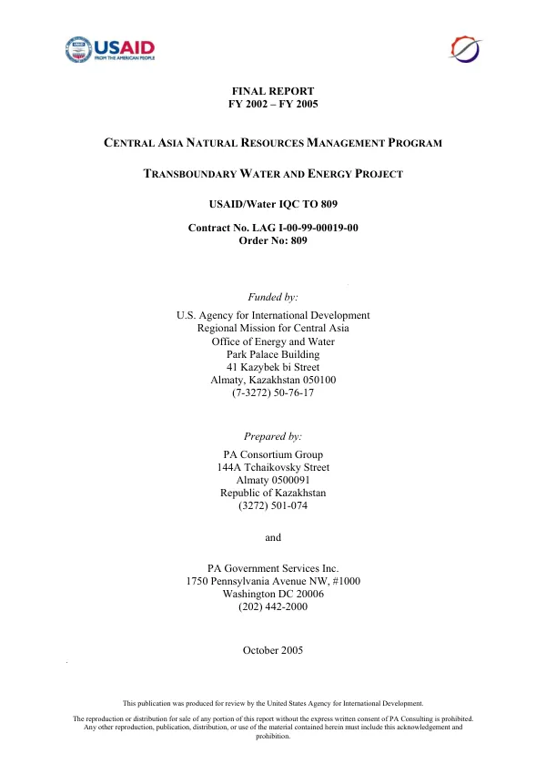 Final report, FY 2002-FY 2005 : Central Asia natural resources management program -- transboundary water and energy project