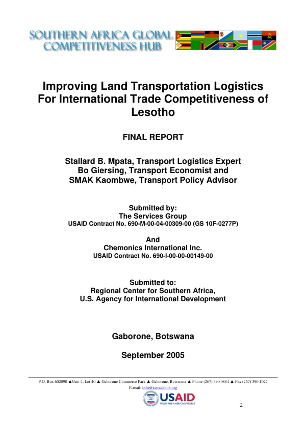 Improving land transportation logistics for international trade competitiveness of Lesotho : final report