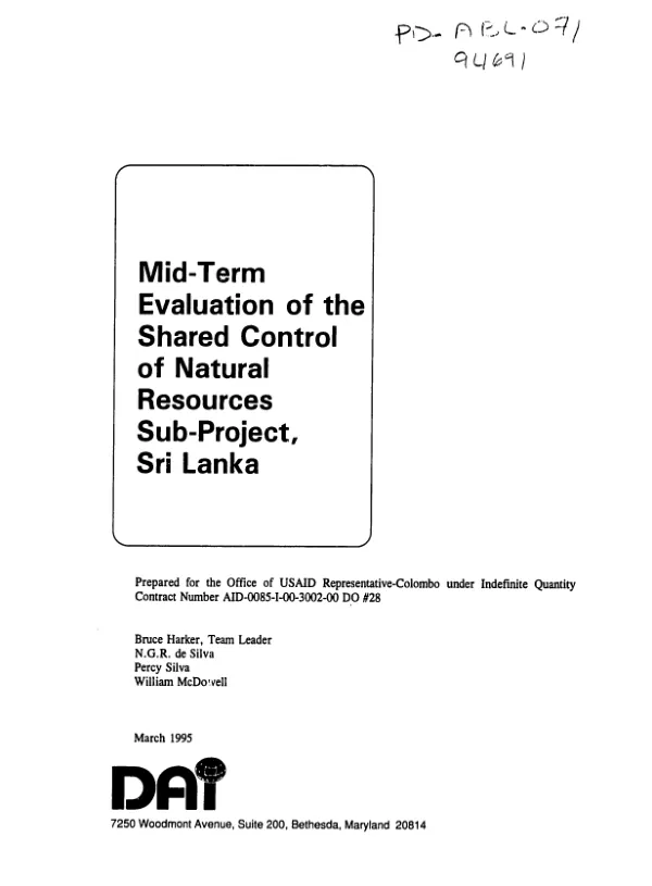 Mid-term evaluation of the shared control of natural resources [SCOR] sub-project, Sri Lanka