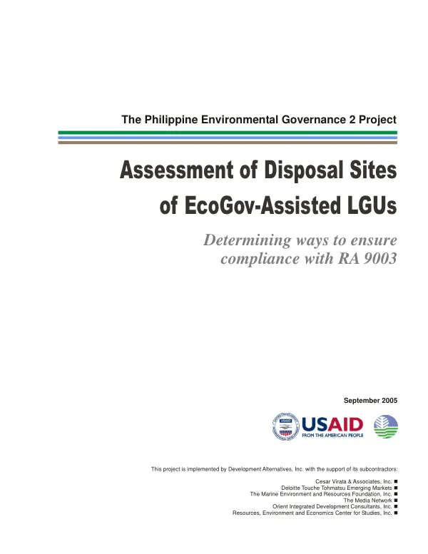 Assessment of disposal sites of ECOGOV-assisted LGUs : determining ways to ensure compliance with RA 9003