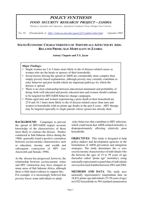 Socio-economic characteristics of individuals affected by AIDS-related prime-age mortality in Zambia