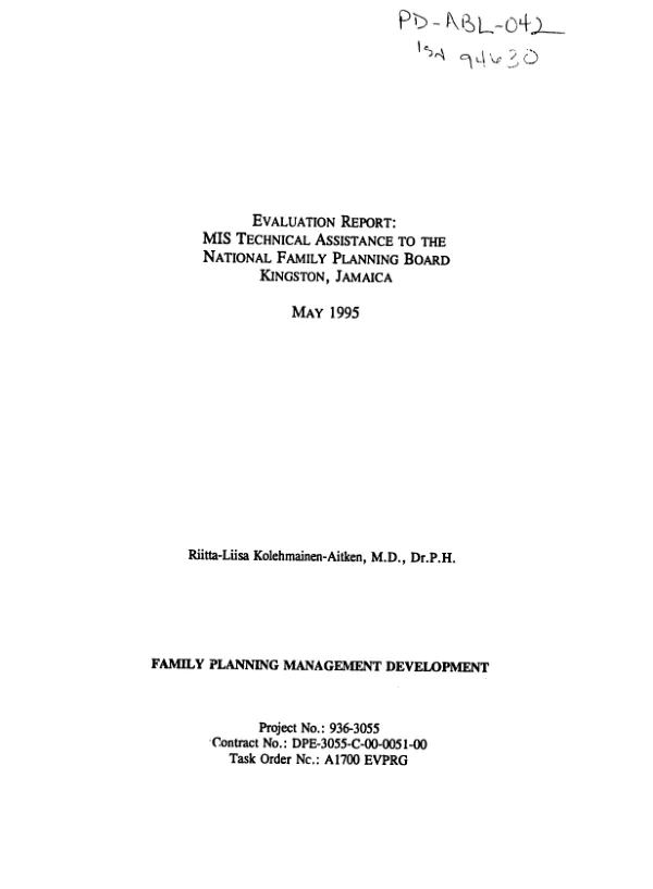 Evaluation report : MIS [management information systems] technical assistance to the National Family Planning Board, Kingston, Jamaica