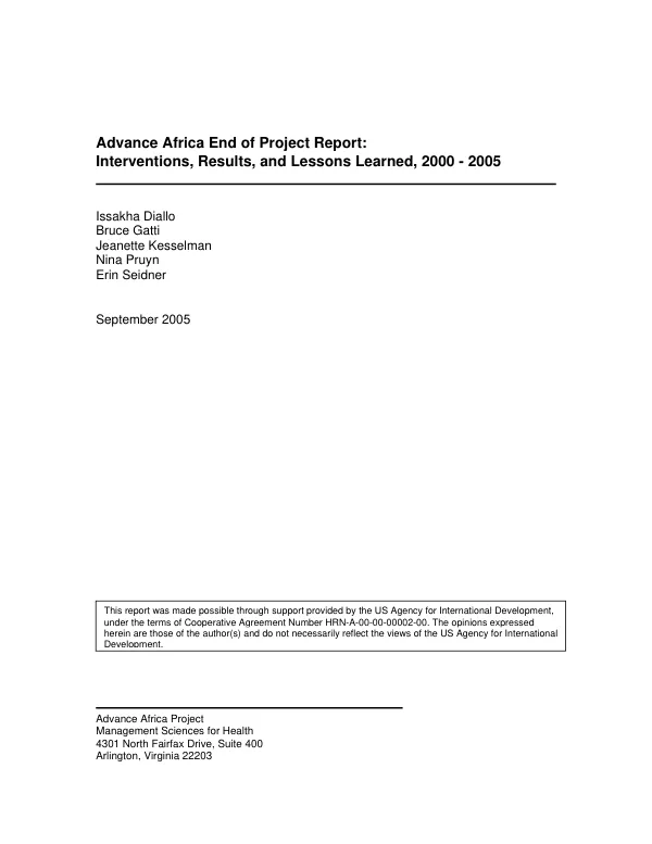 Advance Africa end of project report : interventions, results, and lessons learned, 2000-2005