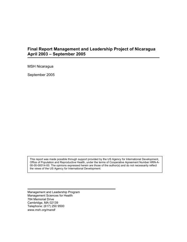 Final report management and leadership project of Nicaragua, April 2003-September 2005