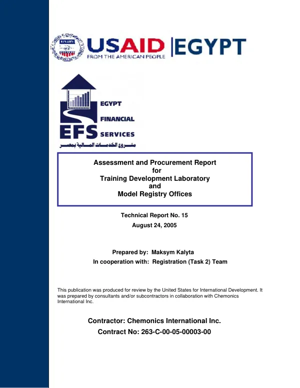 Assessment and procurement report for training development laboratory and model registry offices