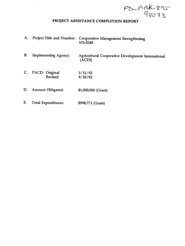 Project assistance completion report : cooperative management strengthening, 515-0248