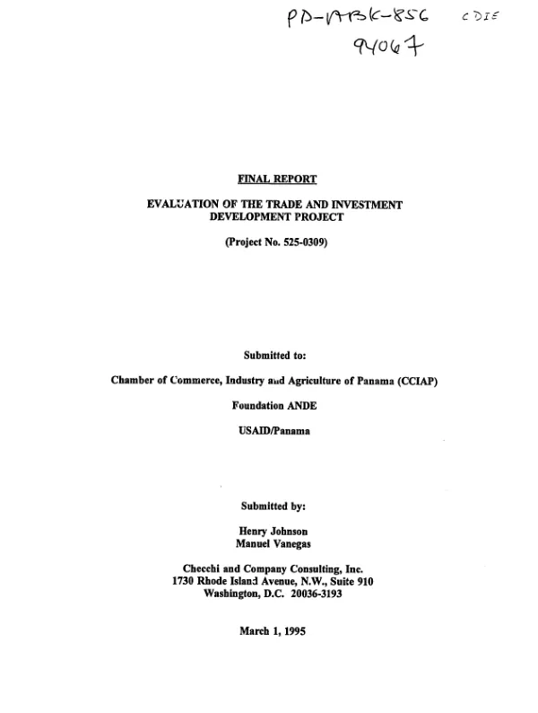 Final report : evaluation of the trade and investment development project (project no. 525-0309)