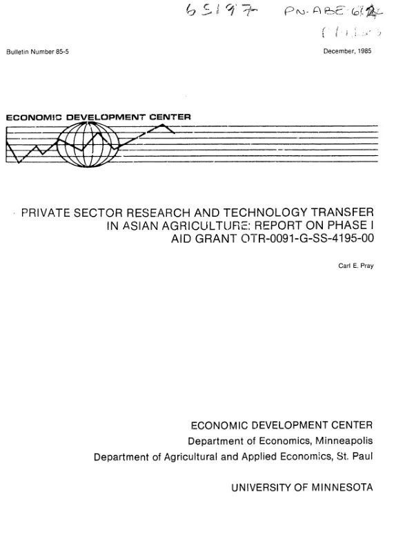 Private sector research and technology transfer in Asian agriculture : report on phase I, AID grant OTR-0091-G-SS-4195-00