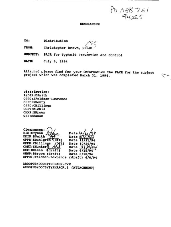 Project assistance completion report : typhoid prevention and control -- FY 1991 section 414 (b) commodity monetization, OGSM/416 DDP-G-532-1/635/00