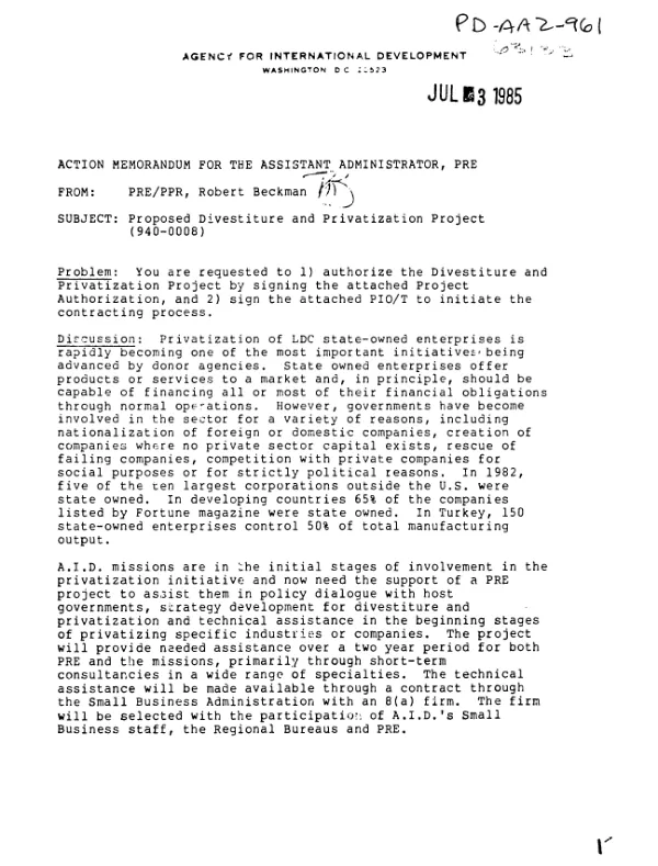 Action memorandum concerning proposed divestiture and privatization project (940-0008)