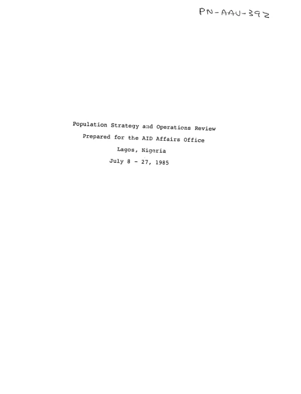 Population strategy and operations review prepared for the AID Affairs Office, Lagos, Nigeria