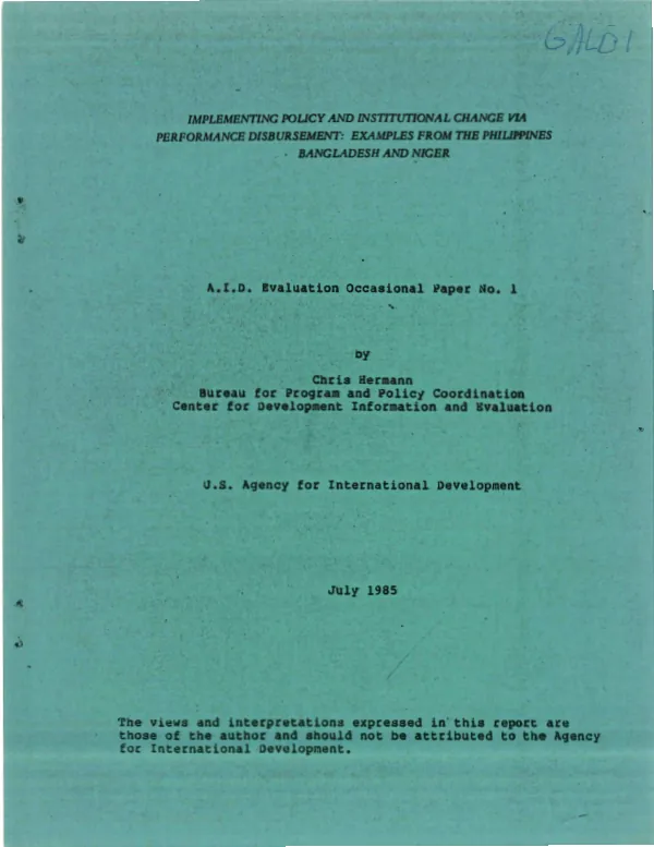 Implementing policy and institutional change via performance disbursement : examples from the Philippines, Bangladesh, and Niger