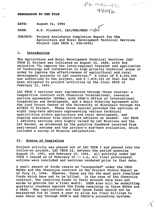 Project assistance completion report for the agriculture and rural development technical services project (LAC TECH I, 598-0654)