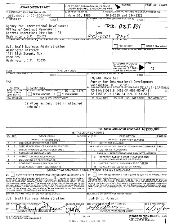 AID contract no. DPE-0001-C-00-5034-00 with International Science and Technology Institute, Inc. to provide feasibility studies, loan packaging, research and development activities and to convene the loan review board