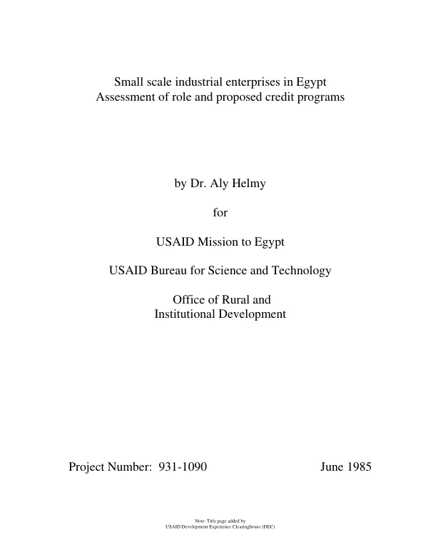 Small scale industrial enterprises in Egypt : assessment of role and proposed credit programs
