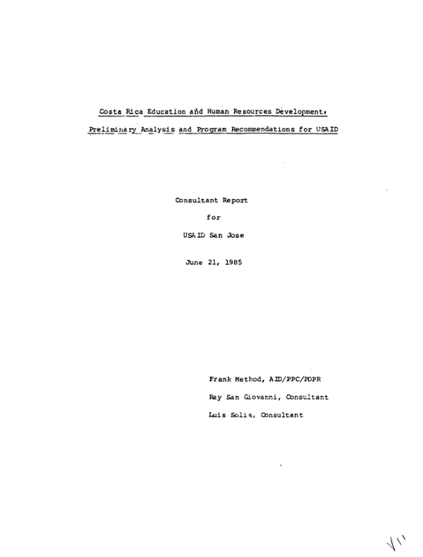 Costa Rica education and human resource development : preliminary analysis and program recommendations for USAID