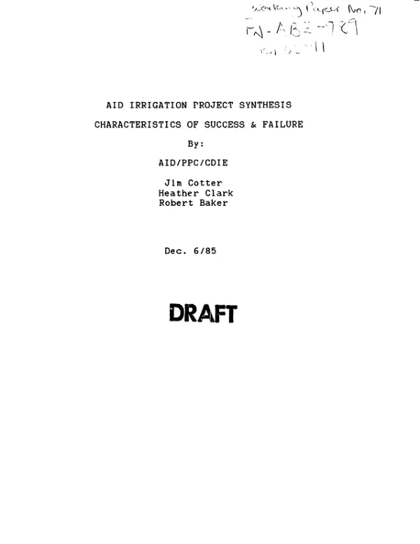AID irrigation project synthesis : characteristics of success and failure