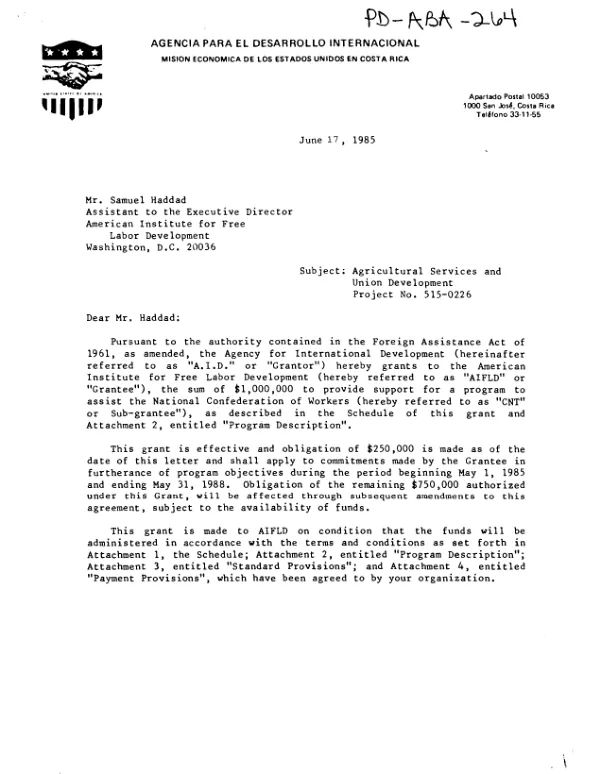 AID grant to American Institute for Free Labor Development for agricultural services and union development
