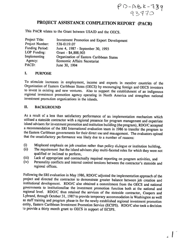 Project assistance completion report (PACR) : investment promotion and export development