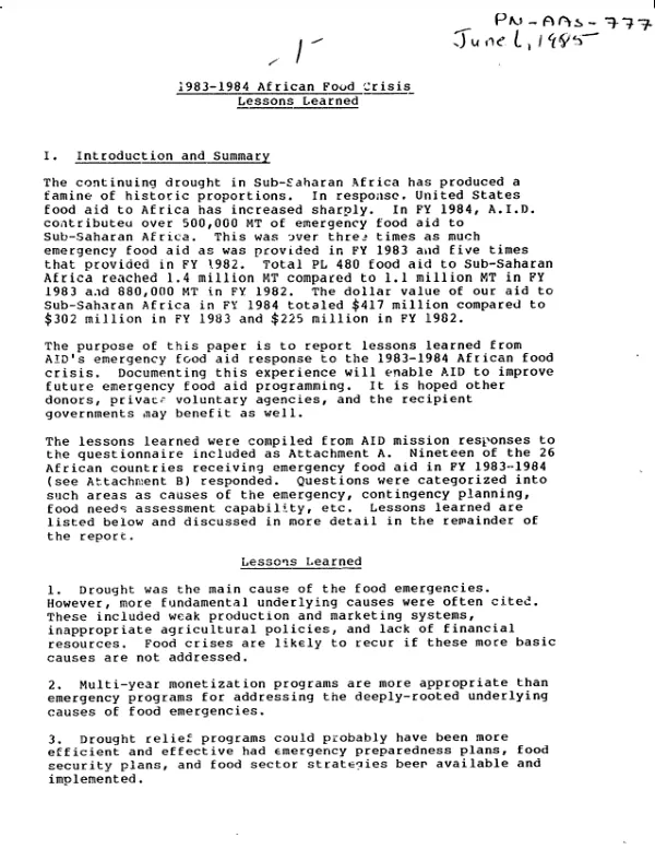 1983-1984 African food crisis : lessons learned