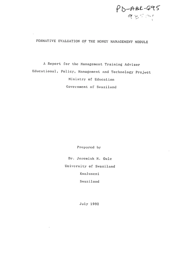 Formative evaluation of the money management module