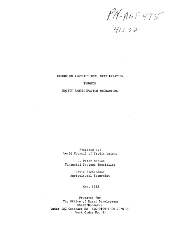 Report on institutional stabilization through equity participation mechanisms