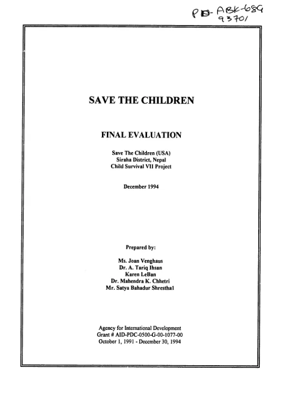 Save the Children (USA) : child survival VII project, Siraha District, Nepal -- final evaluation